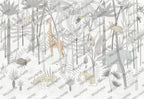Grey Safari Forest Wallpaper : Neutral Kids Giraffe Tree Mural - flat design