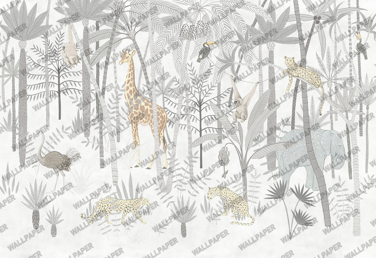 Grey Safari Forest Wallpaper : Neutral Kids Giraffe Tree Mural - flat design