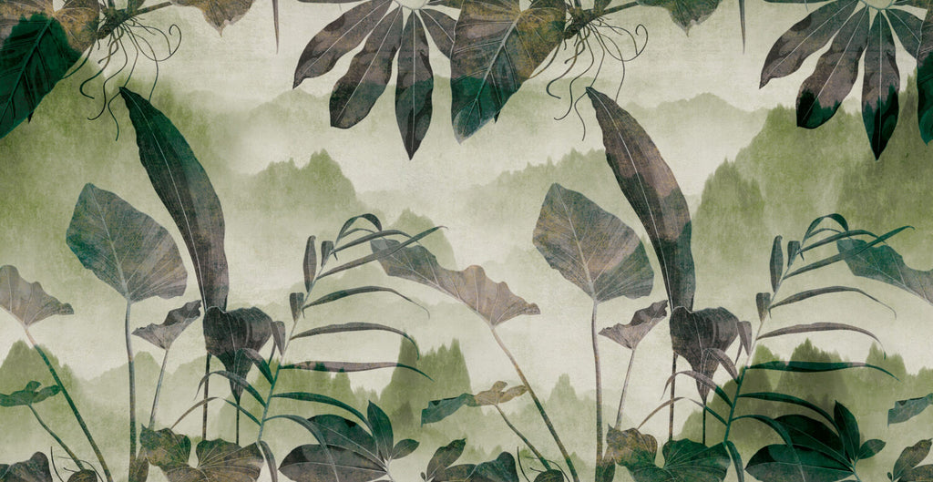 Sage Jungle Wallpaper : Misty Green Tropical Leaf Mural - flat design