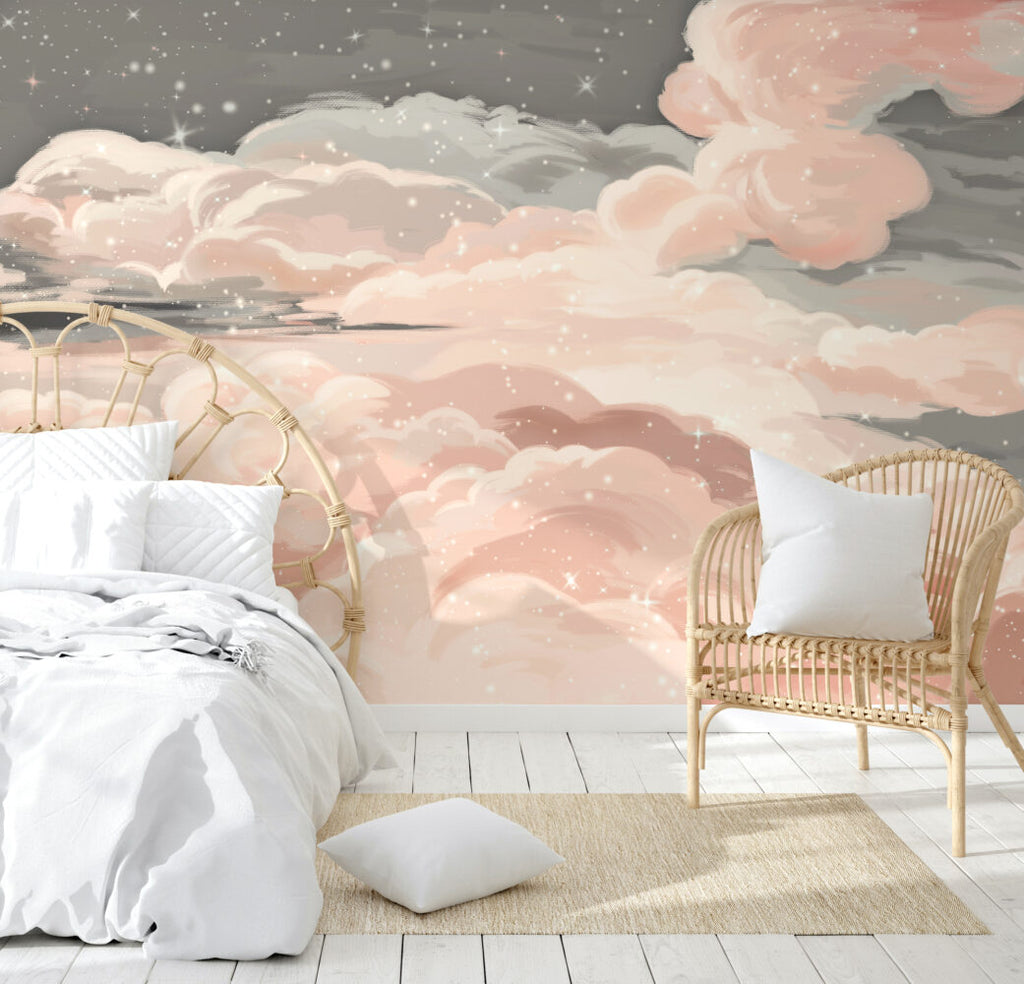 Pink Starry Cloud Wallpaper : Blush Dreamy Sky Mural