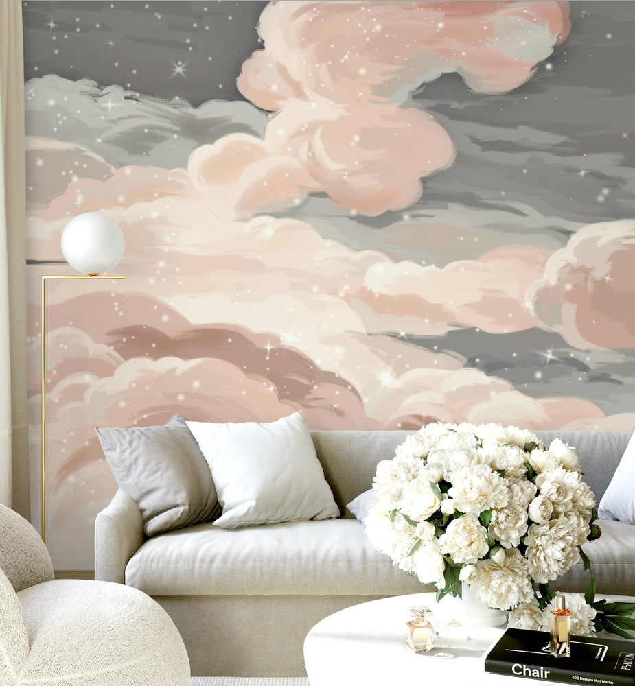 Pink Starry Cloud Wallpaper : Blush Dreamy Sky Mural - View 4