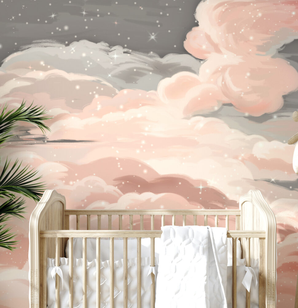 Pink Starry Cloud Wallpaper : Blush Dreamy Sky Mural - View 3