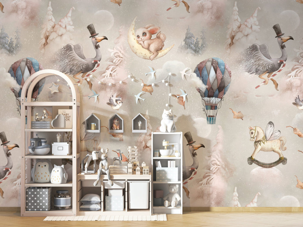 Circus Balloon Animals Wallpaper : Beige Starry Kids Mural - View 2