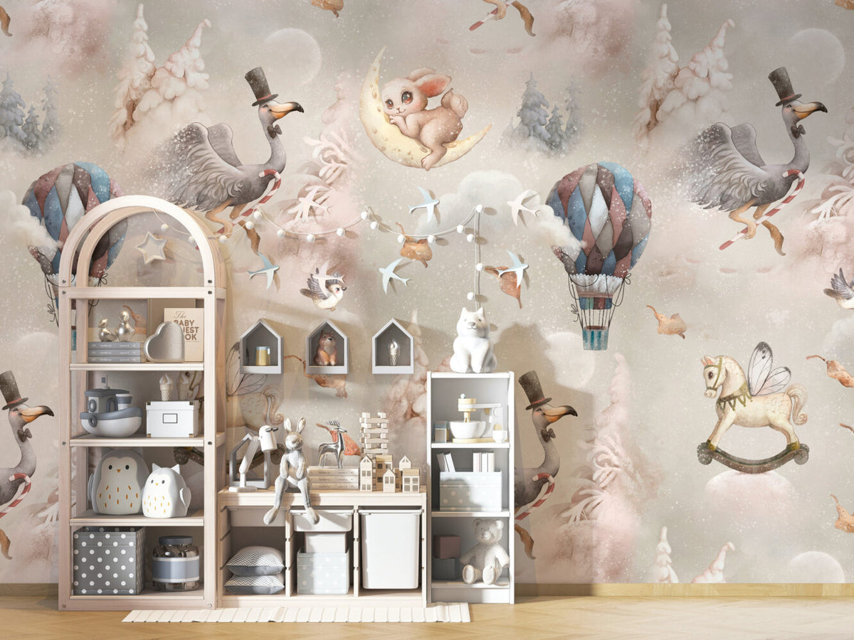 Circus Balloon Animals Wallpaper : Beige Starry Kids Mural - View 2
