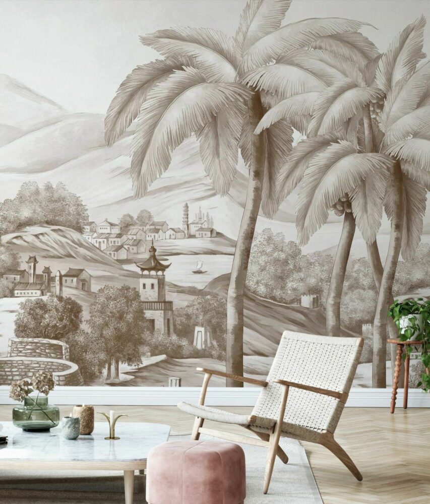 Mountain Village Wallpaper : Sepia Sketch Landscape Mural - View 4