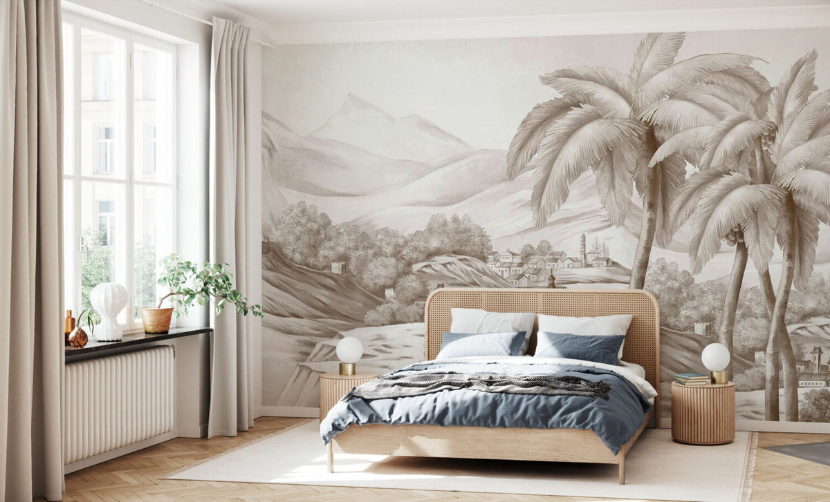 Mountain Village Wallpaper : Sepia Sketch Landscape Mural - View 3