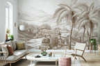 Mountain Village Wallpaper : Sepia Sketch Landscape Mural