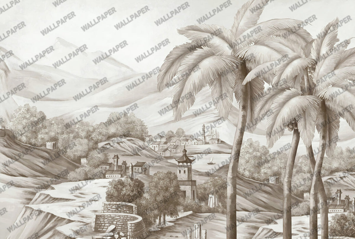 Mountain Village Wallpaper : Sepia Sketch Landscape Mural - View 2