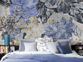 Blue Oil Painted Roses Wallpaper : Gold Fleck Floral Mural