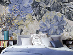Blue Oil Painted Roses Wallpaper : Gold Fleck Floral Mural