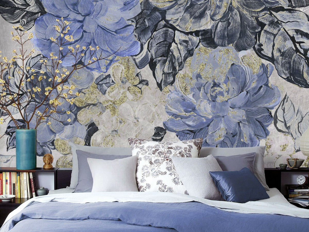 Blue Oil Painted Roses Wallpaper : Gold Fleck Floral Mural