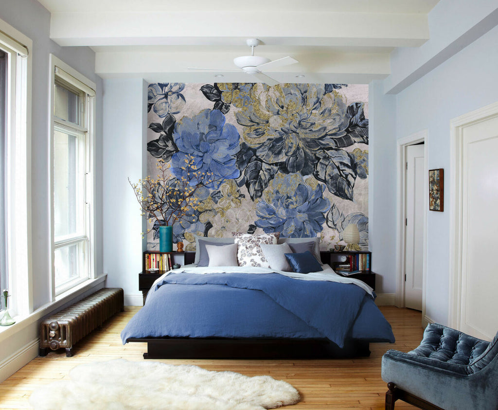 Blue Oil Painted Roses Wallpaper : Gold Fleck Floral Mural - View 4