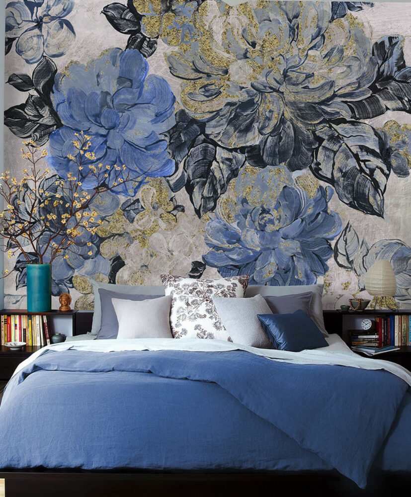 Blue Oil Painted Roses Wallpaper : Gold Fleck Floral Mural - View 3