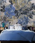 Blue Oil Painted Roses Wallpaper : Gold Fleck Floral Mural - View 3