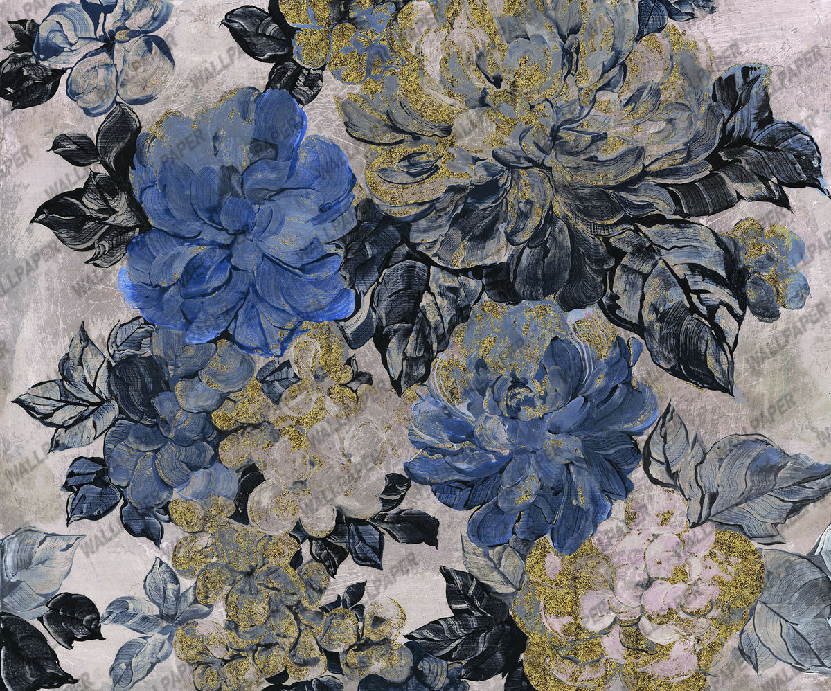 Blue Oil Painted Roses Wallpaper : Gold Fleck Floral Mural - View 2