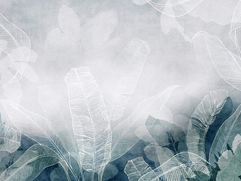 Line Art Banana Leaf Wallpaper : Teal Grey Tropical Mural - View 2