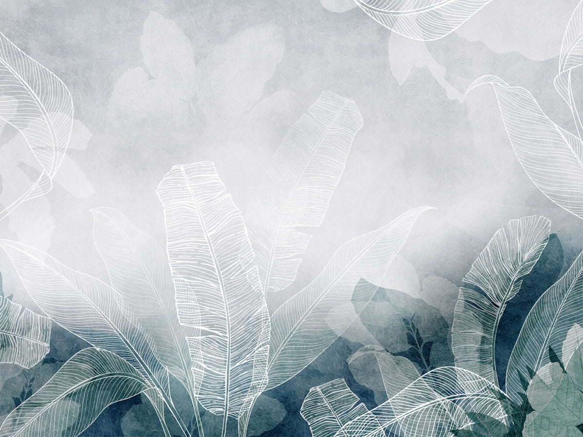 Line Art Banana Leaf Wallpaper : Teal Grey Tropical Mural - View 2
