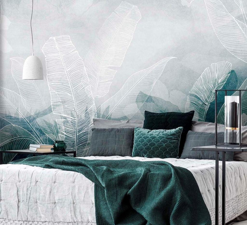 Line Art Banana Leaf Wallpaper : Teal Grey Tropical Mural