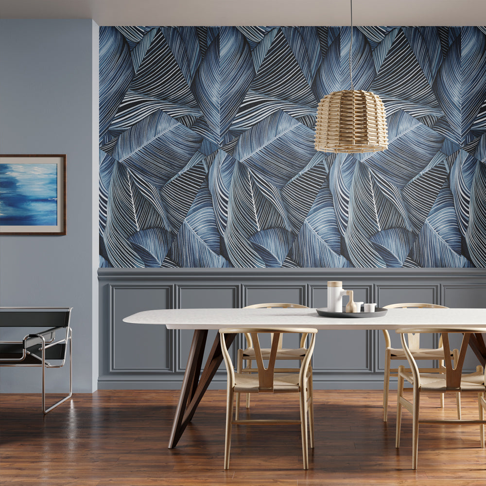 Navy Line Leaf Wallpaper : Blue Striped Tropical Leaf Pattern