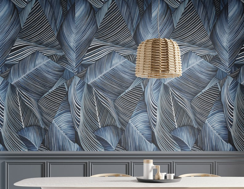 Navy Line Leaf Wallpaper : Blue Striped Tropical Leaf Pattern - View 2