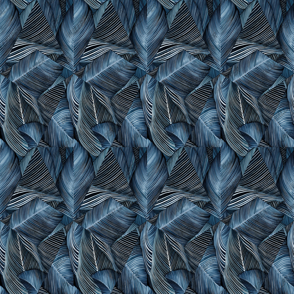 Navy Line Leaf Wallpaper : Blue Striped Tropical Leaf Pattern - flat design