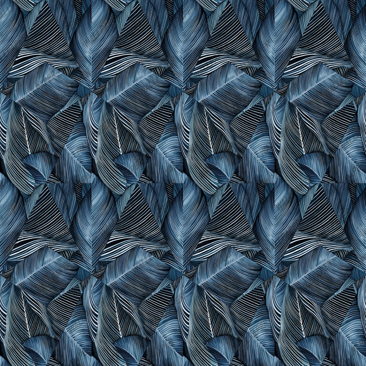 Navy Line Leaf Wallpaper : Blue Striped Tropical Leaf Pattern - flat design