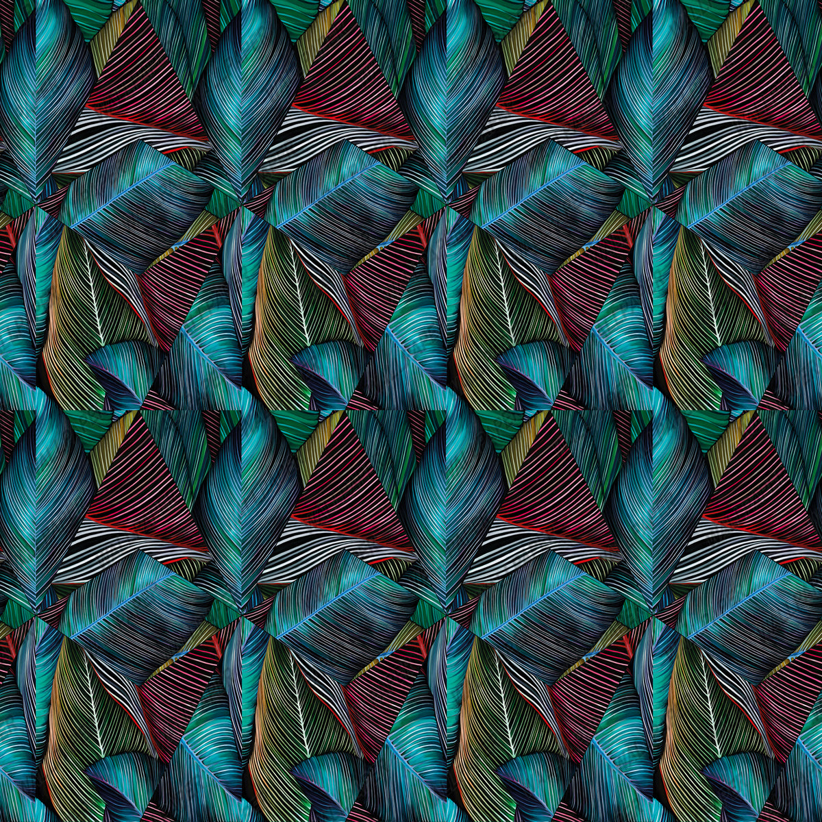 Navy Line Leaf Wallpaper : Blue Striped Tropical Leaf Pattern - View 3