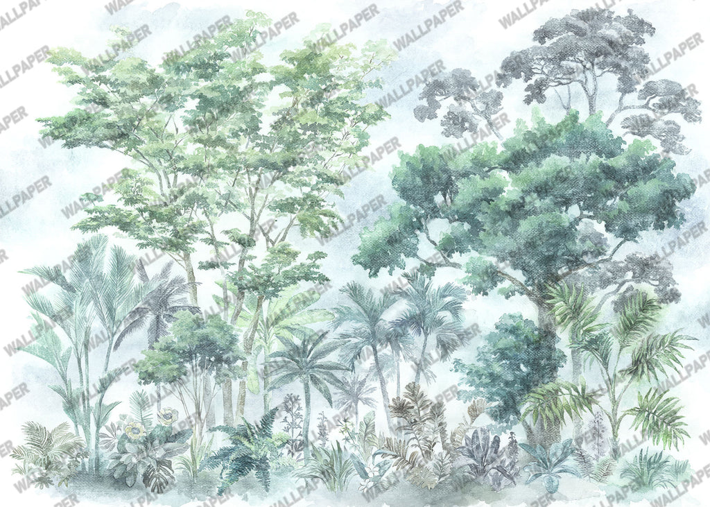 Watercolor Forest Wallpaper : Teal Green Painted Trees Mural - View 2