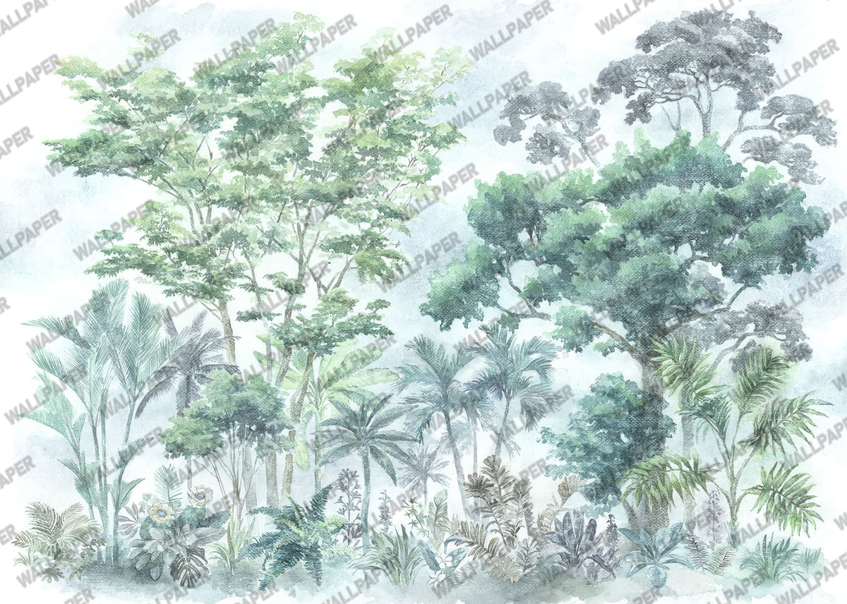 Watercolor Forest Wallpaper : Teal Green Painted Trees Mural - View 2
