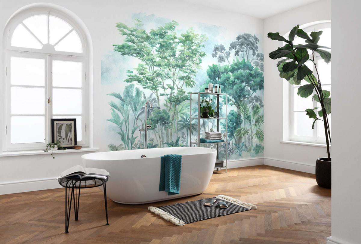 Watercolor Forest Wallpaper : Teal Green Painted Trees Mural