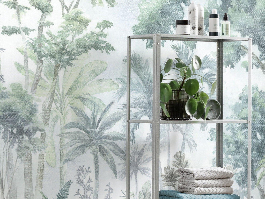 Watercolor Forest Wallpaper : Teal Green Painted Trees Mural - View 3