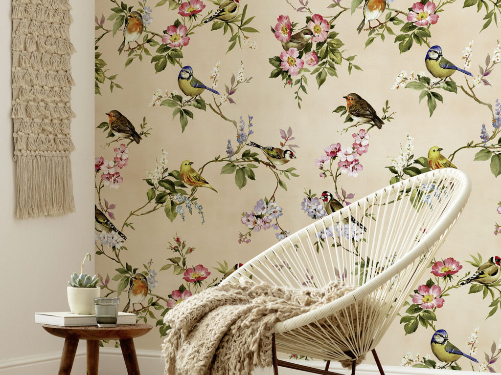 Robin Blossom Wallpaper : Peach Bird Floral Branch Pattern