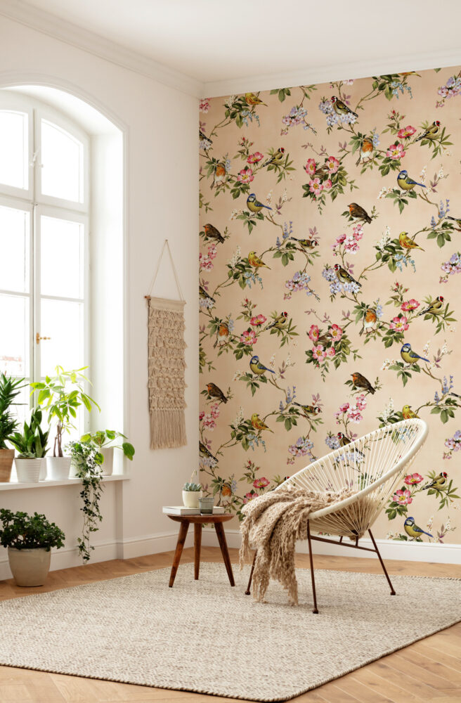 Robin Blossom Wallpaper : Peach Bird Floral Branch Pattern - View 2