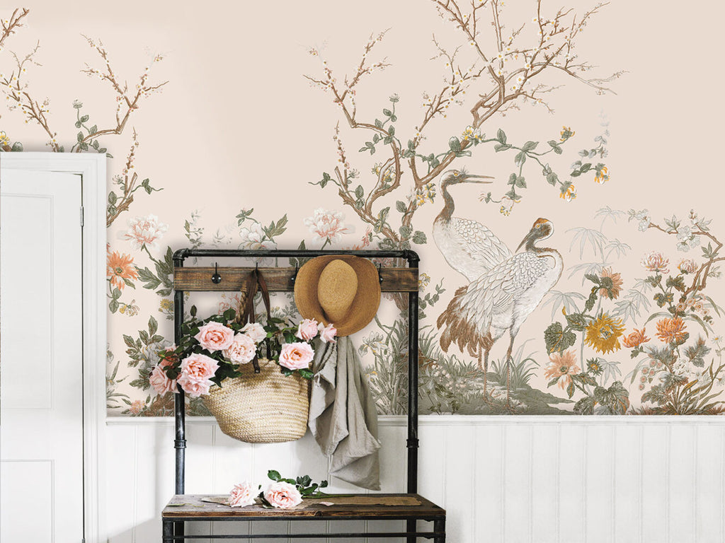 Crane Blossom Wallpaper : Chinoiserie Bird Flower Mural