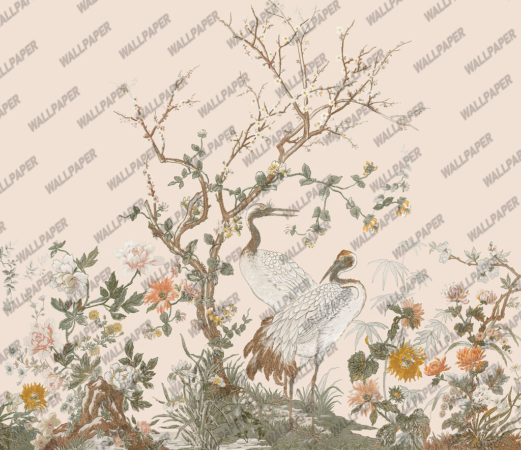 Crane Blossom Wallpaper : Chinoiserie Bird Flower Mural - flat design