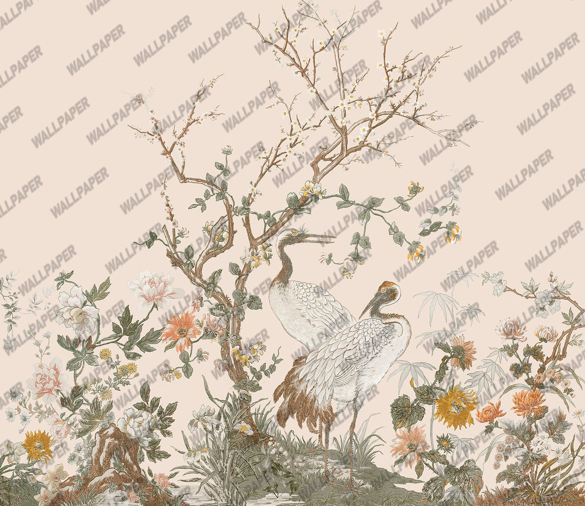 Crane Blossom Wallpaper : Chinoiserie Bird Flower Mural - flat design