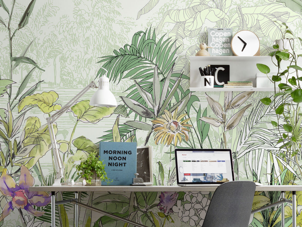 Watercolor Lakeside Flower Wallpaper : Green Tropical Meadow Mural - View 2