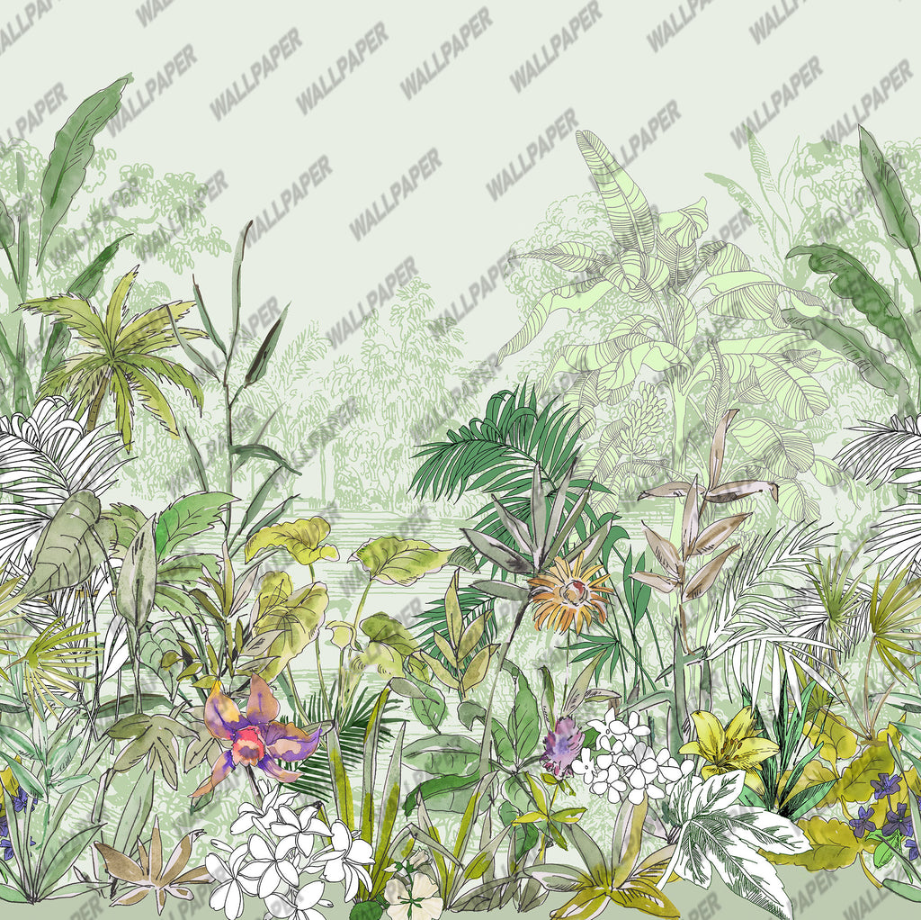Watercolor Lakeside Flower Wallpaper : Green Tropical Meadow Mural - flat design