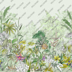 Watercolor Lakeside Flower Wallpaper : Green Tropical Meadow Mural - flat design