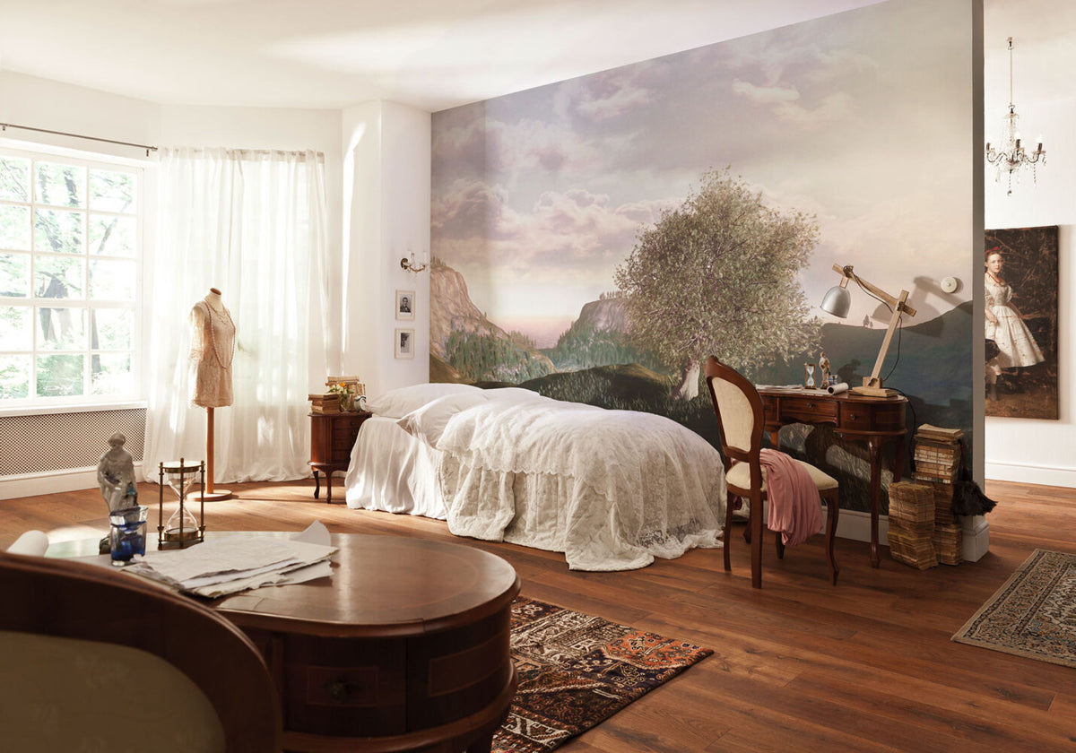 Mountain Plane Tree Wallpaper : Misty Valley Landscape Mural
