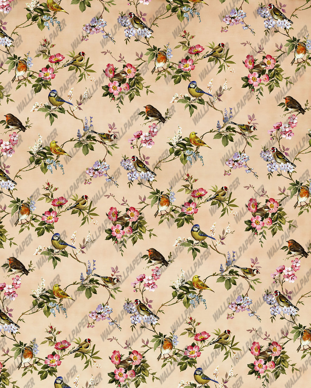 Robin Blossom Wallpaper : Peach Bird Floral Branch Pattern - flat design