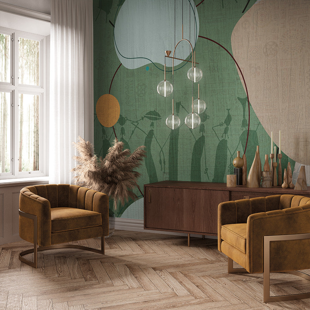 Green Ethnic Figure Wallpaper : Abstract Wood Grain Texture Mural