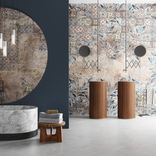 Faded Tile Floral Wallpaper : Distressed Patchwork Leaf Mural