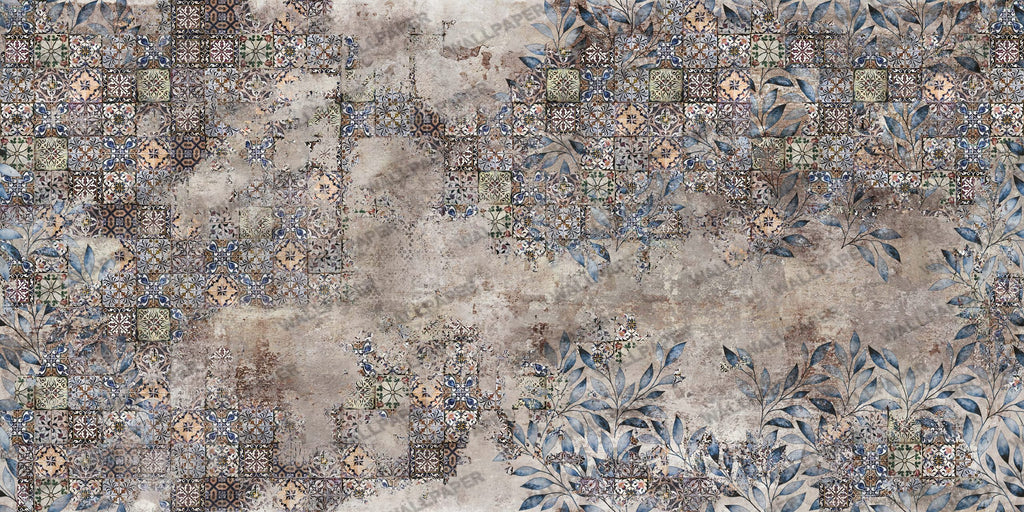 Faded Tile Floral Wallpaper : Distressed Patchwork Leaf Mural - flat design