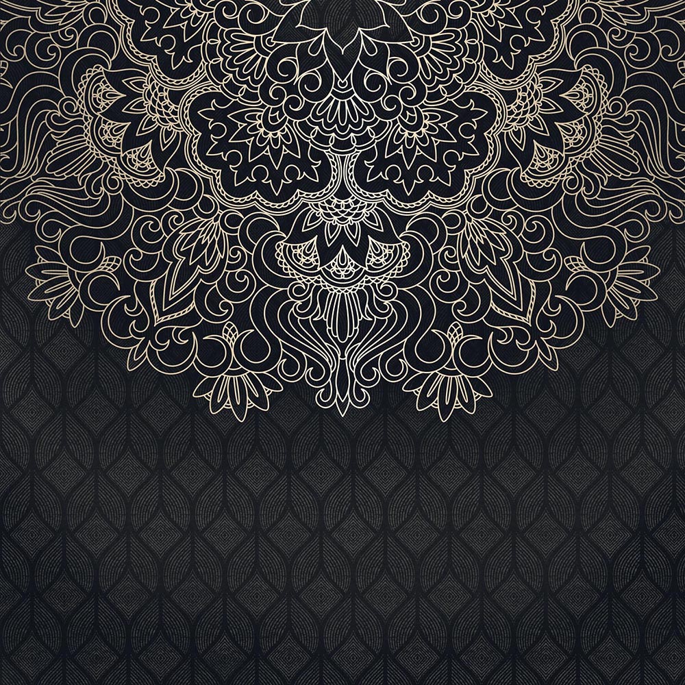 Line Art Mandala Wallpaper : Cream Ornament on Black Mural - View 2