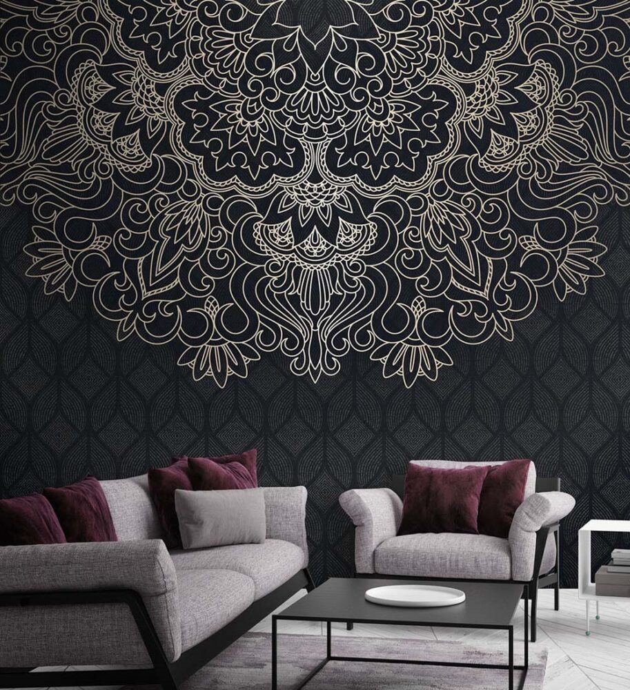 Line Art Mandala Wallpaper : Cream Ornament on Black Mural