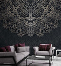 Line Art Mandala Wallpaper : Cream Ornament on Black Mural