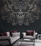 Line Art Mandala Wallpaper : Cream Ornament on Black Mural