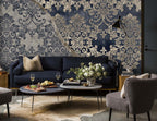 Navy Baroque Wallpaper : Distressed Damask Texture Mural