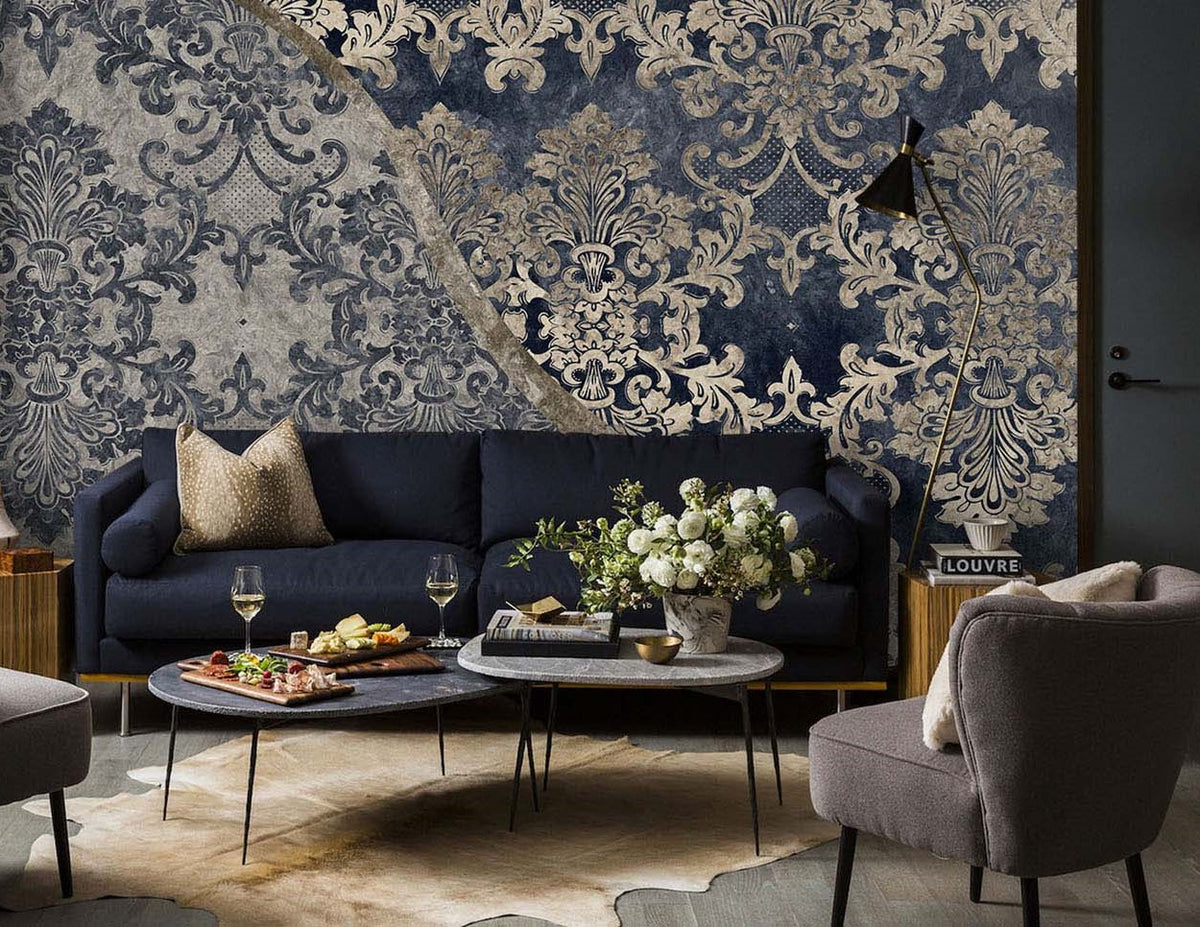 Navy Baroque Wallpaper : Distressed Damask Texture Mural